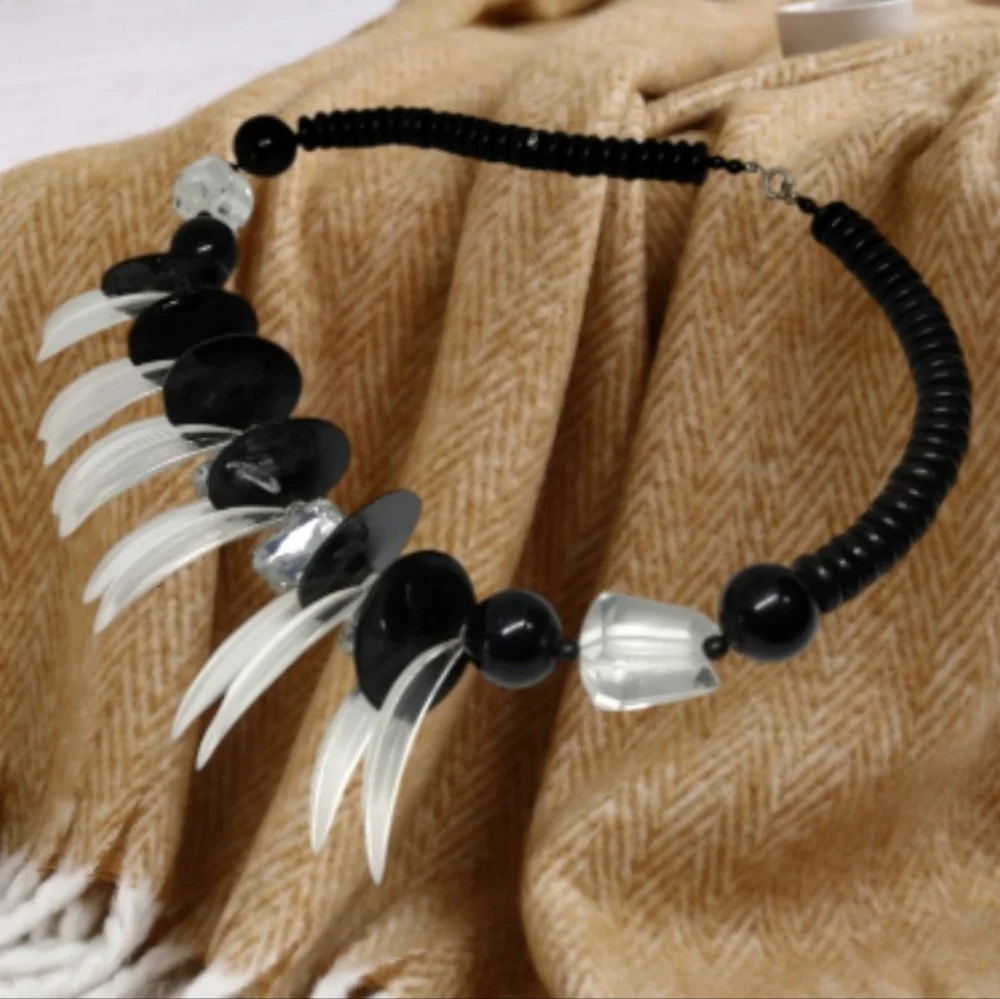 Black Beaded Necklace with Clear Rhinestones and Transparent Claws